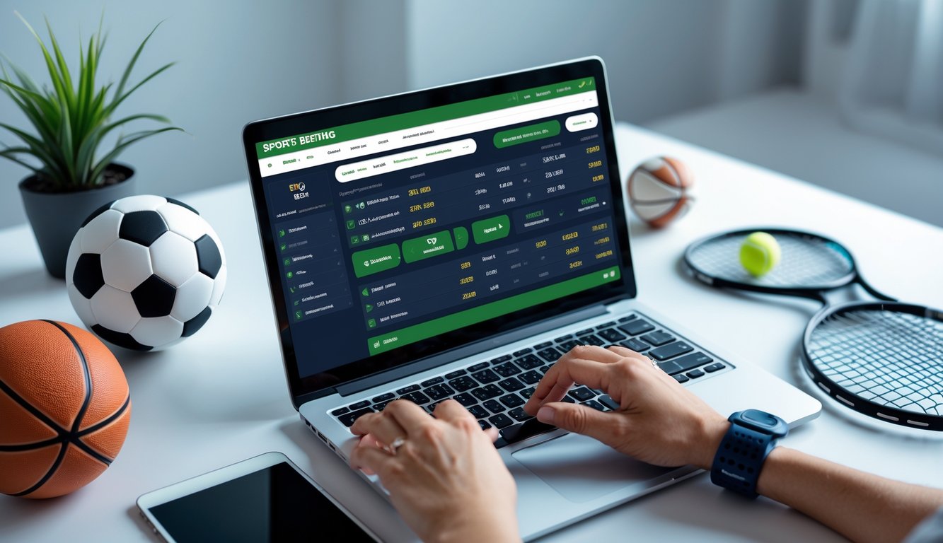 Seorang pengguna sedang menggunakan laptop dengan tampilan situs judi olahraga online, dikelilingi oleh bola sepak, bola basket, dan raket tenis di meja kerja.