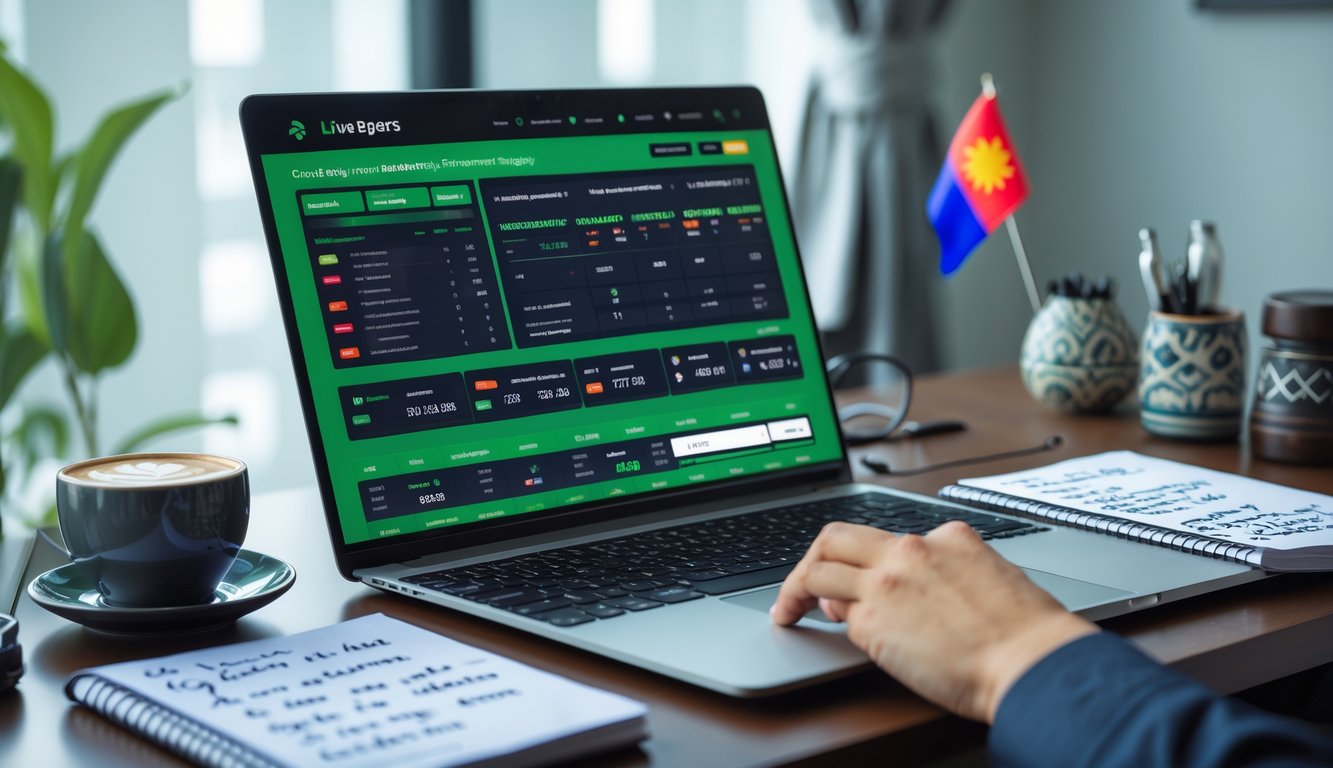 Meja kerja dengan laptop yang menampilkan situs judi olahraga online, ponsel dengan aplikasi taruhan, dan buku catatan strategi, di sebuah ruangan yang rapi dan terang.