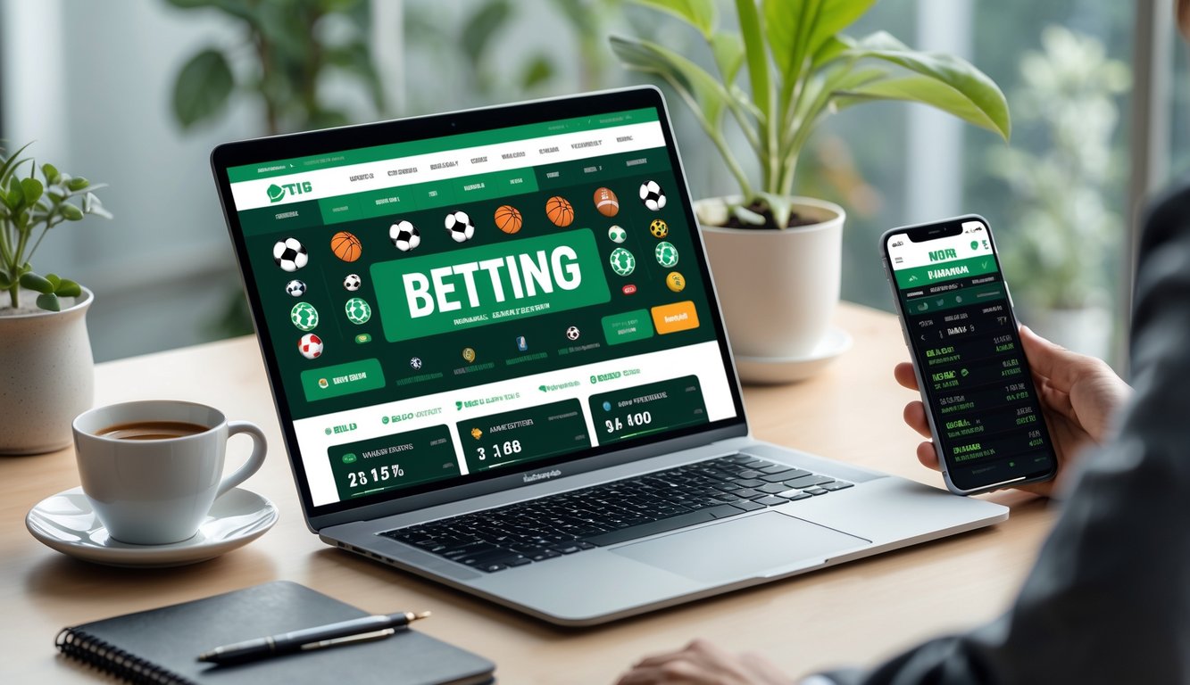 Sebuah ruang kerja modern dengan laptop dan ponsel yang menampilkan situs judi olahraga online, di atas meja terdapat cangkir kopi dan tanaman kecil.