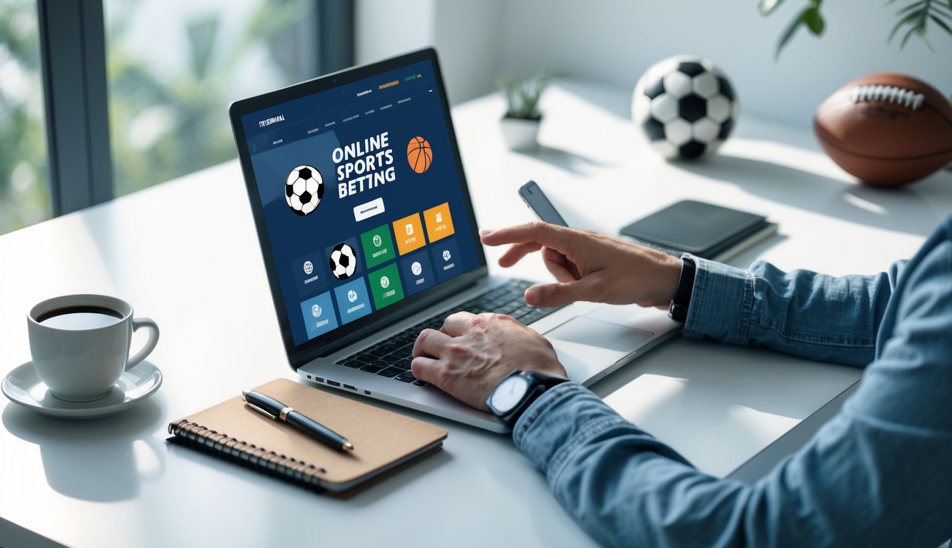 Seseorang menggunakan laptop dan ponsel di meja kerja dengan ikon olahraga di layar, menunjukkan aktivitas judi olahraga online.