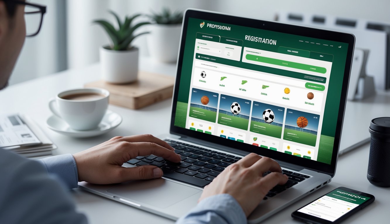 Orang sedang menggunakan laptop di meja kerja yang rapi untuk mendaftar judi olahraga online dengan tampilan situs taruhan olahraga di layar.