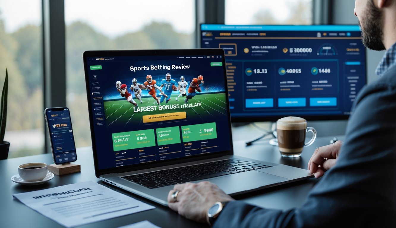 Seorang profesional sedang bekerja di depan laptop dengan tampilan situs judi olahraga online, di meja terdapat catatan dan ponsel, latar belakang jendela besar dengan cahaya alami.