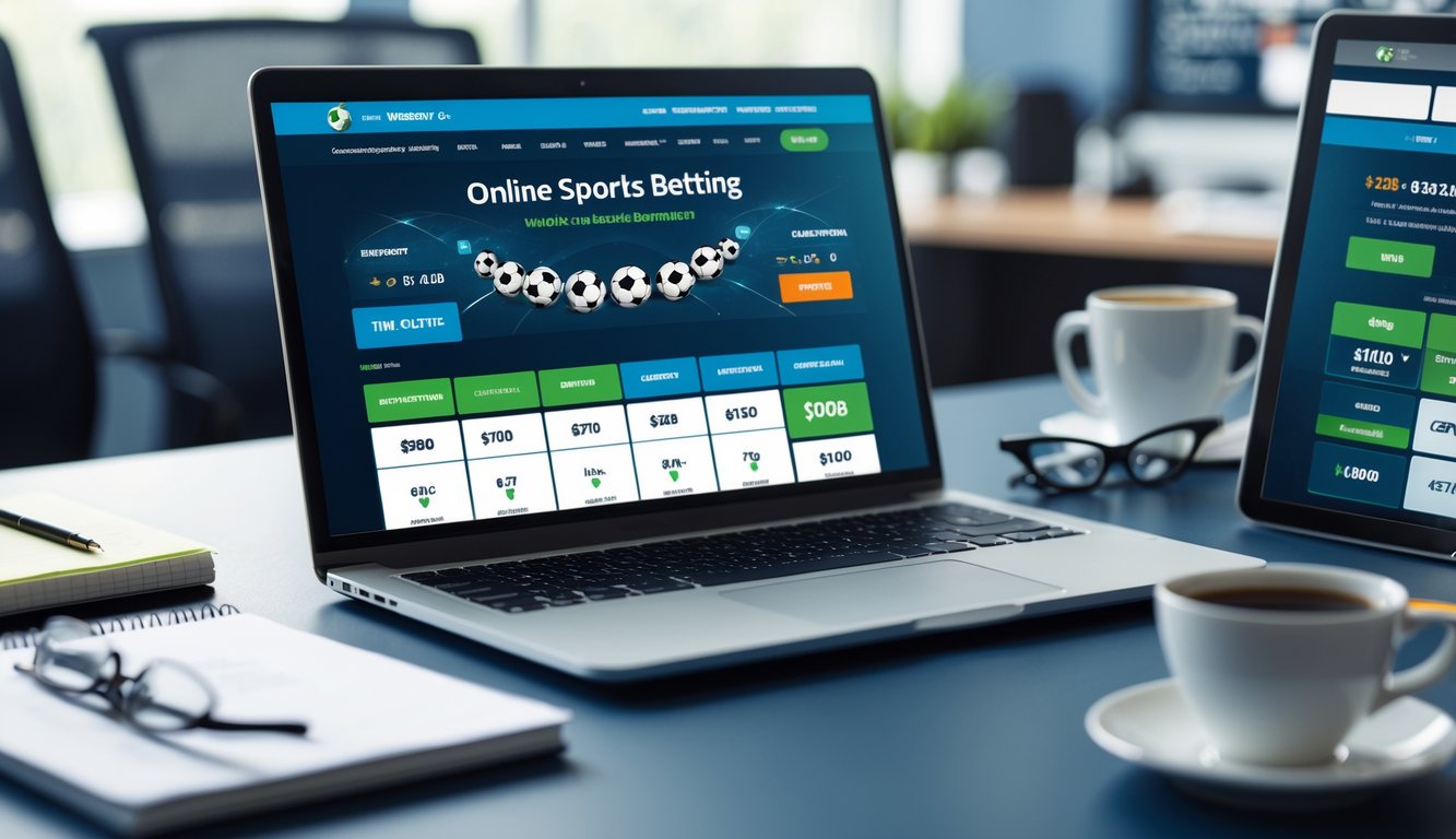 Meja kerja modern dengan laptop dan ponsel yang menampilkan situs judi olahraga online, dikelilingi alat tulis dan kopi.