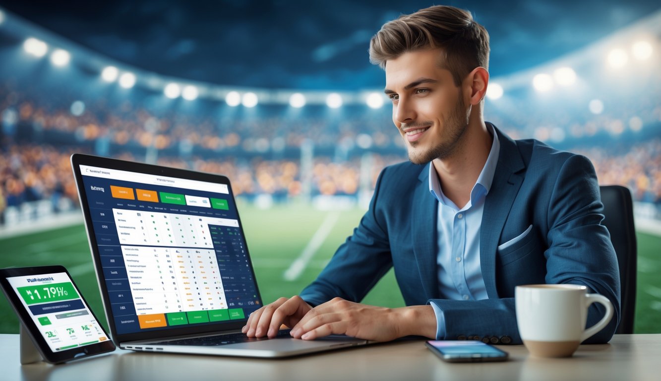 Seorang pria muda duduk di meja dengan laptop dan perangkat digital, fokus pada layar yang menampilkan statistik taruhan olahraga, dengan latar belakang stadion dan penonton.