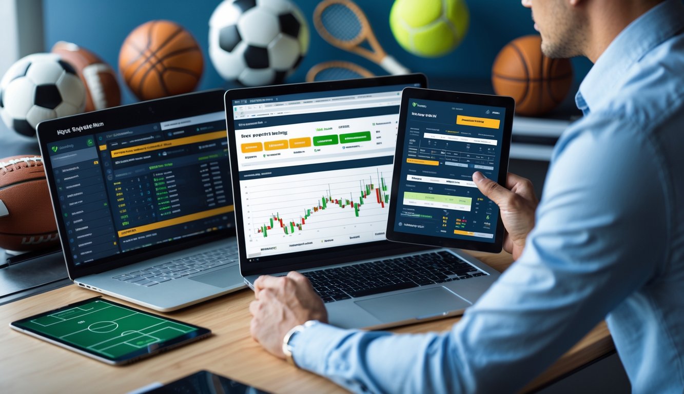 Seseorang sedang menggunakan laptop dan tablet di meja kerja dengan perlengkapan olahraga di latar belakang.