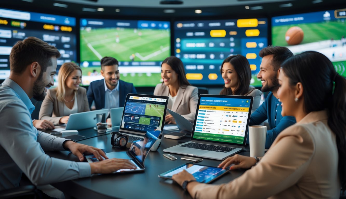 Beberapa orang menggunakan perangkat digital untuk memasang taruhan pada berbagai jenis olahraga populer dalam ruangan dengan layar besar menampilkan pertandingan langsung.