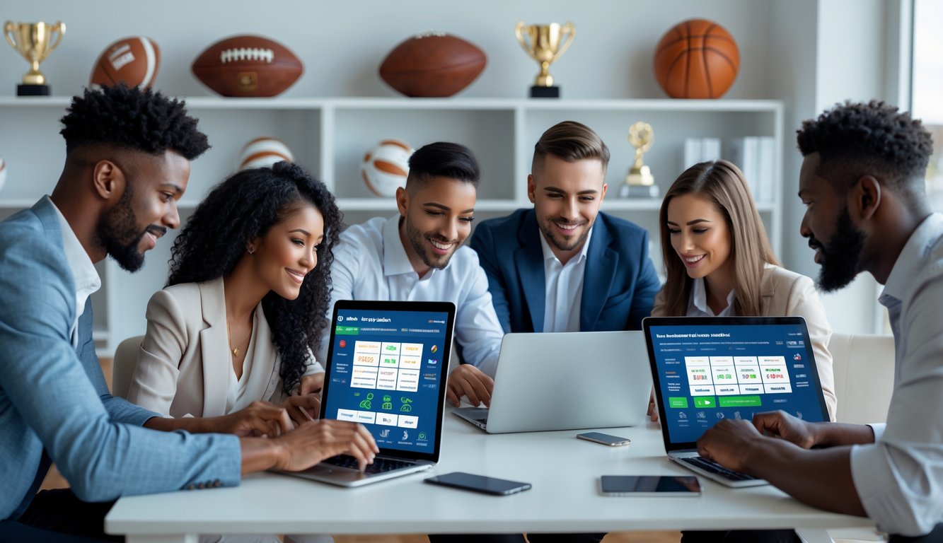 Sekelompok orang menggunakan perangkat digital untuk taruhan olahraga online di ruangan modern dengan perlengkapan olahraga di latar belakang.