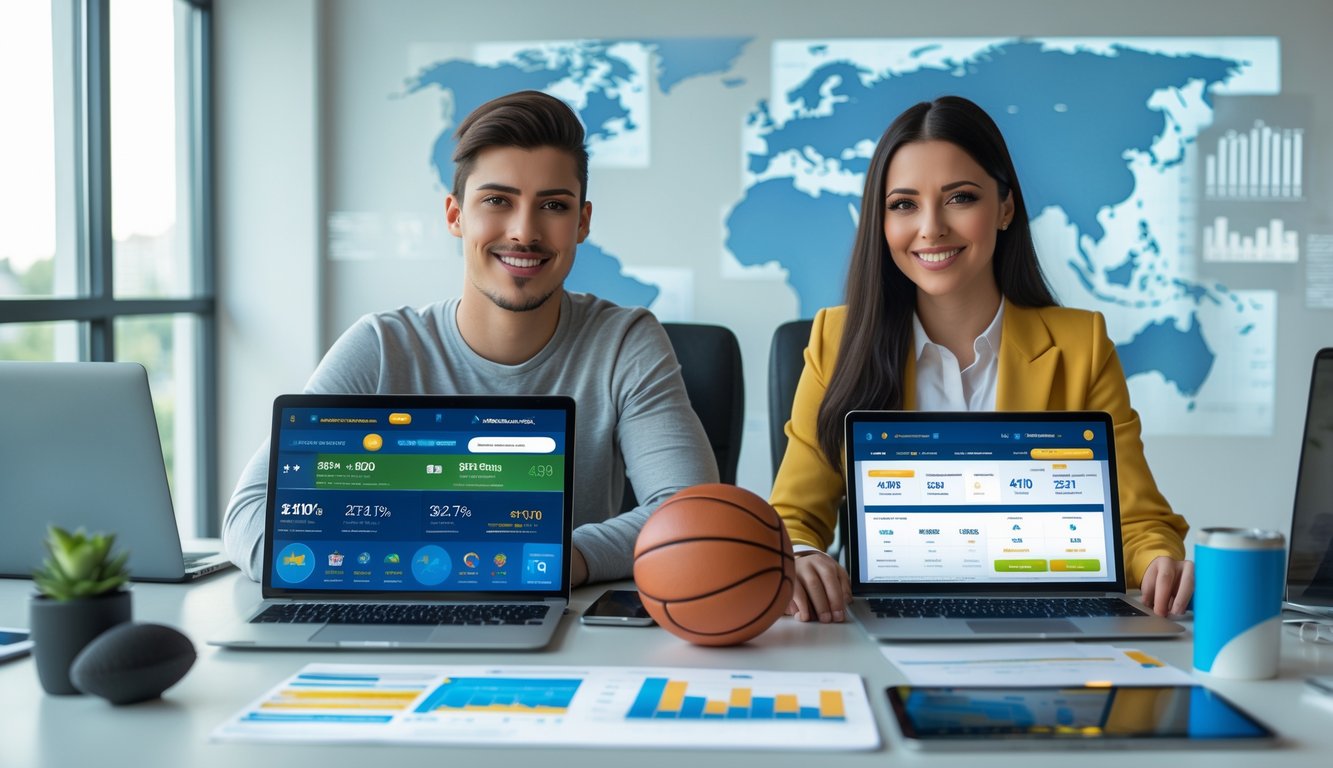 Dua orang sedang menggunakan perangkat digital di meja modern dengan perlengkapan olahraga di sekitar mereka, menunjukkan aktivitas taruhan olahraga online.