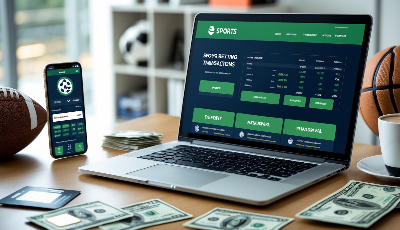 Sebuah meja kerja modern dengan laptop dan ponsel yang menampilkan aplikasi transaksi keuangan terkait taruhan olahraga, di sekitar terdapat kartu kredit, uang tunai, dan bola olahraga.
