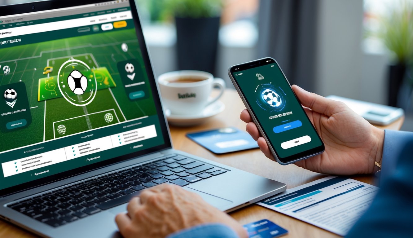 Seseorang menggunakan laptop dan ponsel untuk melakukan deposit di situs judi olahraga online dengan dokumen dan kartu kredit di meja.