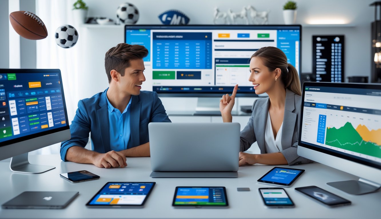 Dua orang muda duduk di meja dengan beberapa perangkat digital yang menampilkan situs judi olahraga online, terlihat fokus dan berdiskusi.