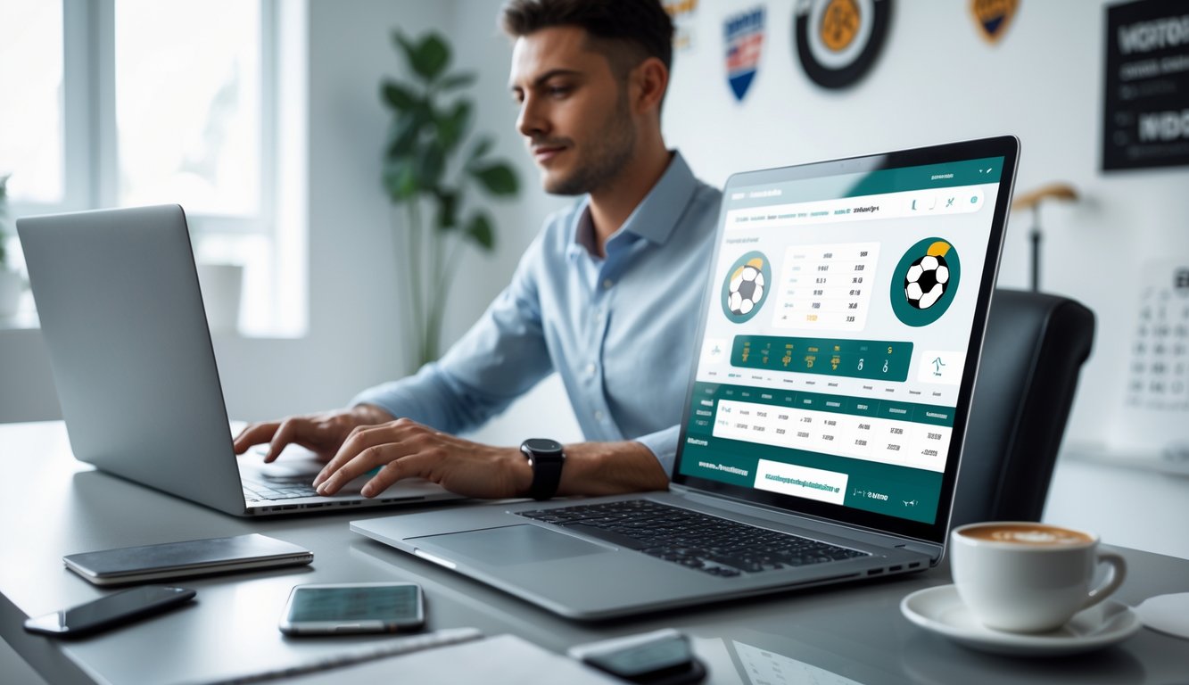 Seseorang menggunakan laptop di meja kerja dengan layar menampilkan ikon olahraga dan grafik, menunjukkan aktivitas judi olahraga online yang terpercaya.