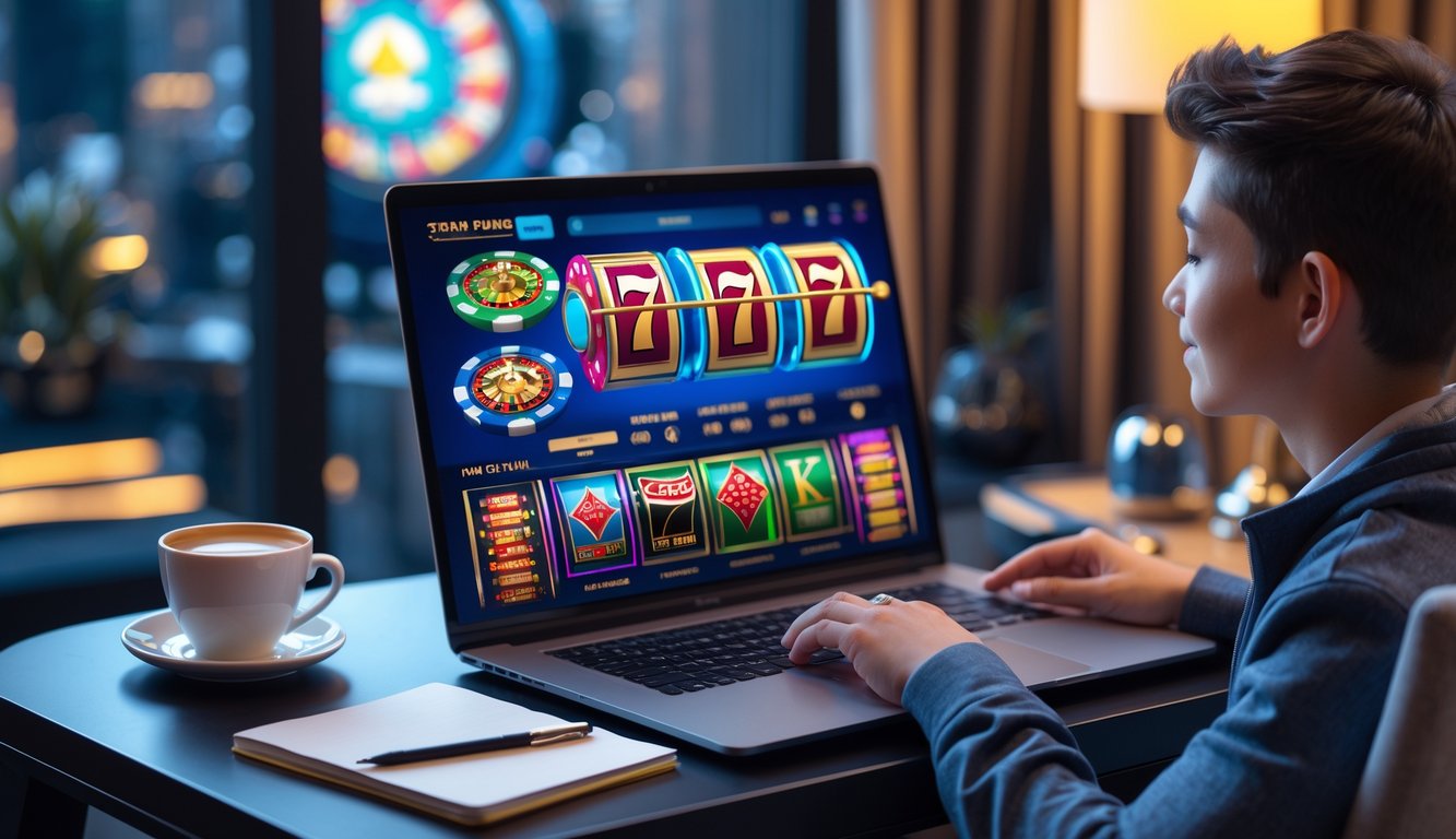 Seorang dewasa muda duduk di depan laptop yang menampilkan permainan kasino online, dengan suasana ruangan yang nyaman dan elemen kasino di sekitar meja.