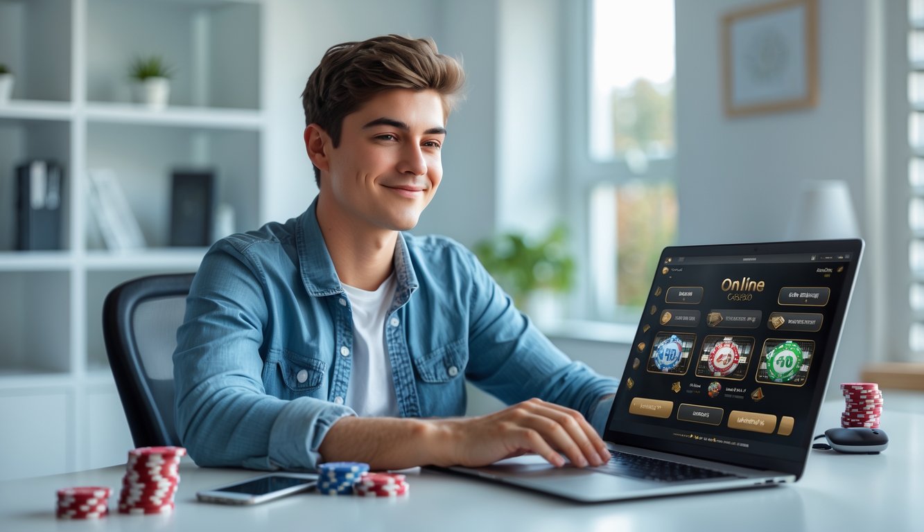 Seorang dewasa muda duduk di meja dengan laptop yang menampilkan antarmuka kasino online, di ruang kerja rumah yang terang dan rapi.