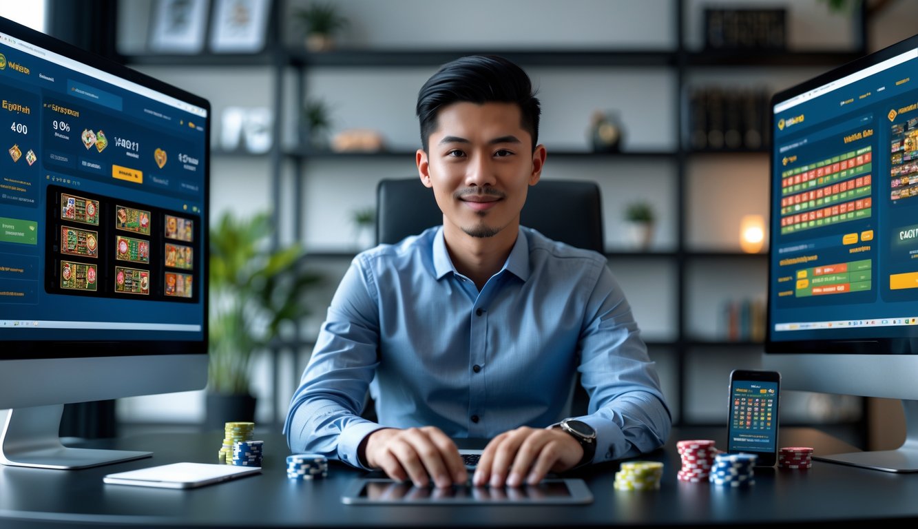 Seorang pria muda Indonesia duduk di meja modern dengan beberapa layar komputer menampilkan permainan kasino online dan grafik, terlihat fokus dan percaya diri.