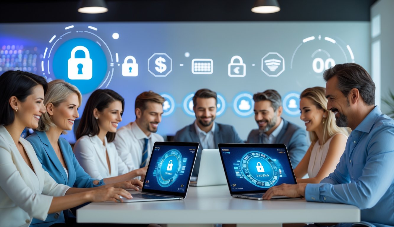 Beberapa orang sedang menggunakan laptop dan ponsel di meja modern, menunjukkan transaksi deposit dan withdraw di kasino online yang aman.