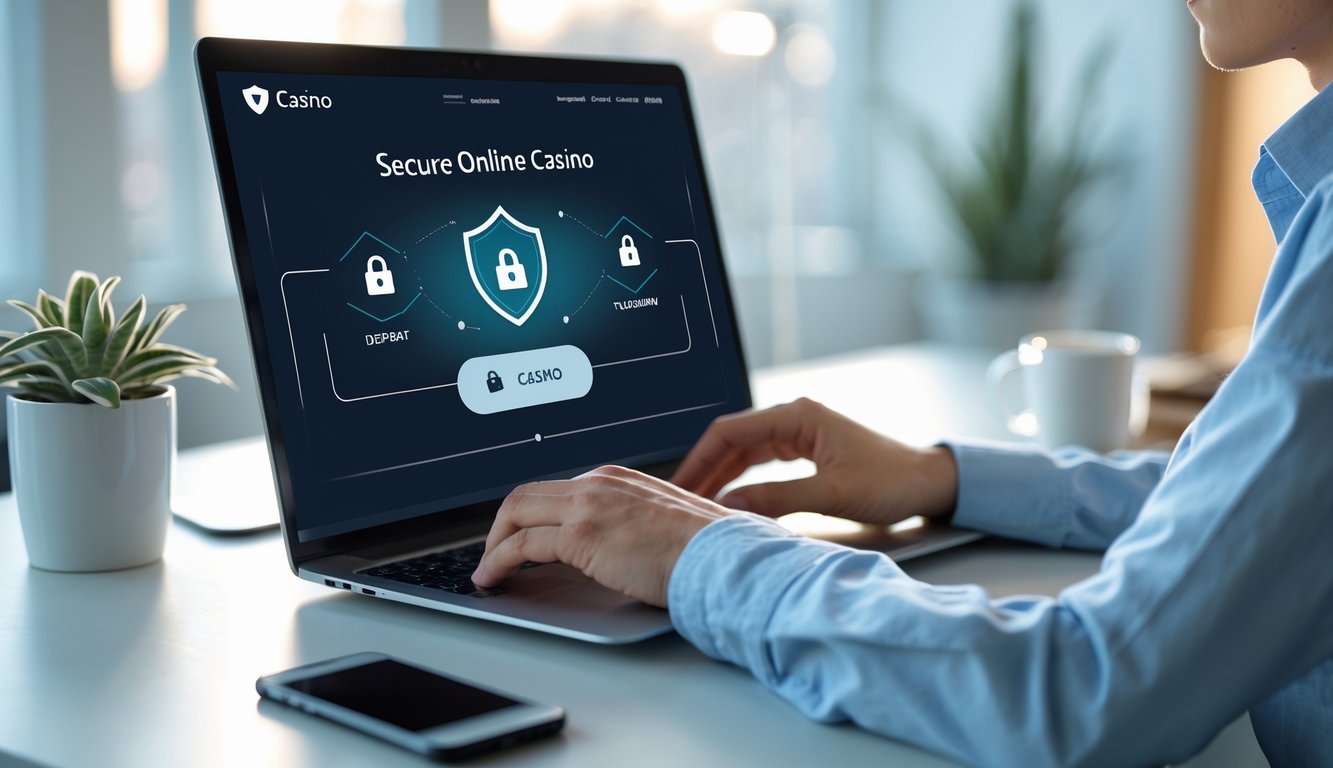 Seseorang sedang menggunakan laptop di meja kerja modern dengan suasana tenang, menunjukkan aktivitas transaksi deposit dan penarikan uang secara aman di kasino online.