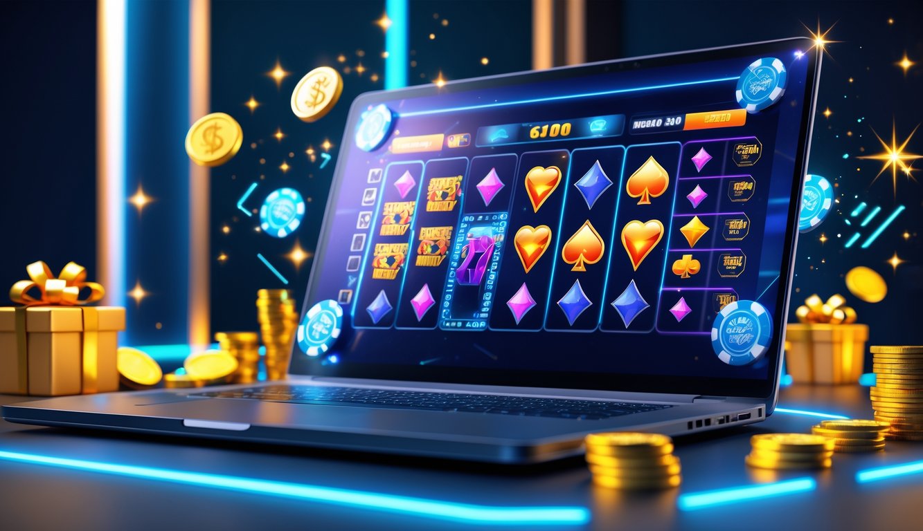 Suasana kasino online dengan komputer menampilkan permainan slot dan kartu, dikelilingi koin emas dan hadiah.