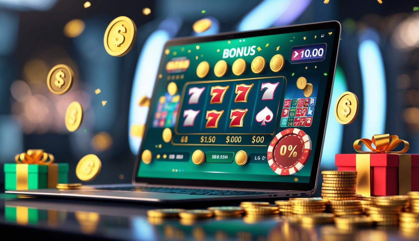 Layar komputer menampilkan antarmuka kasino online dengan elemen bonus seperti koin emas, chip poker, dan kartu digital.