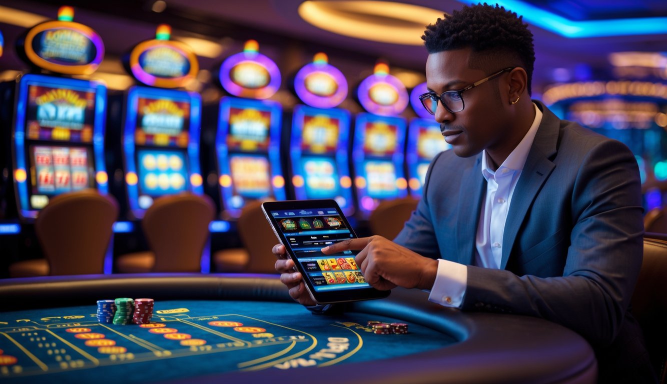 Seseorang duduk di meja kasino dengan mesin slot berwarna-warni di latar belakang, sedang melihat tablet dengan fokus.