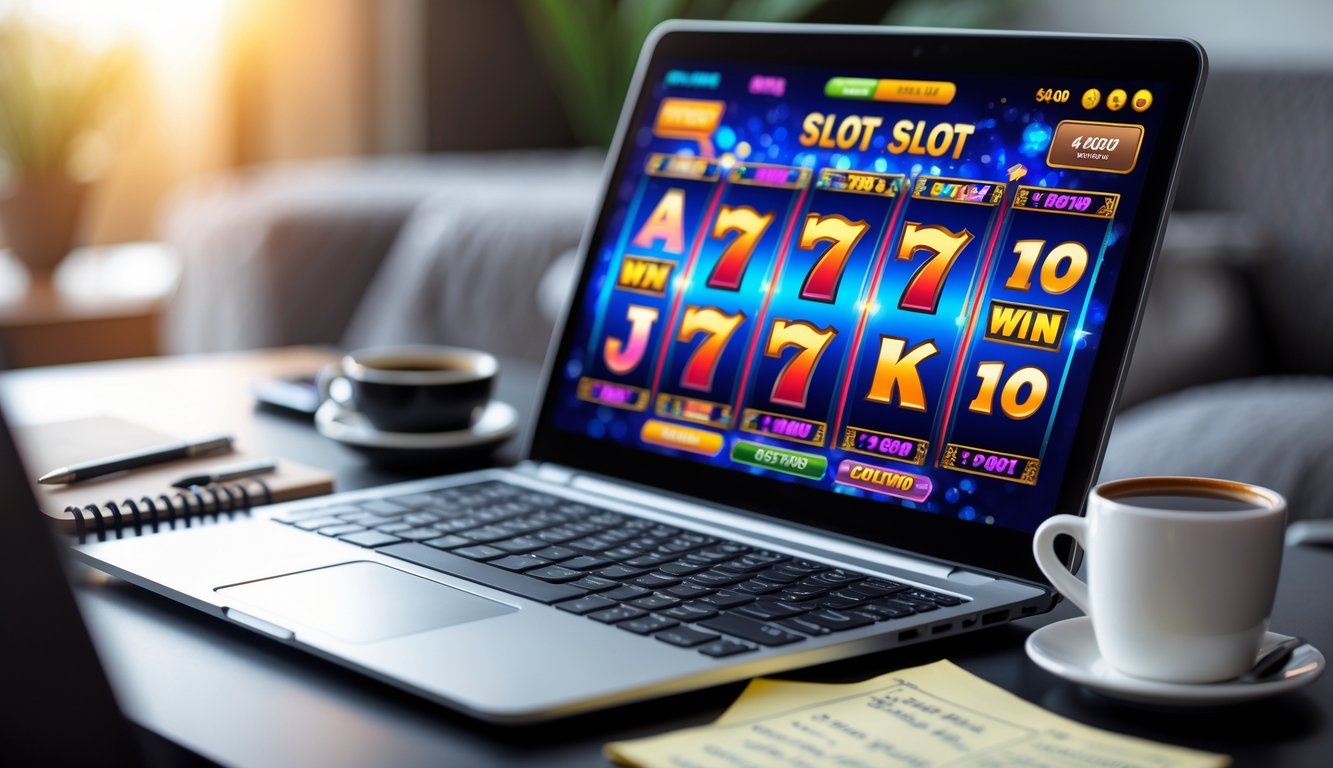 Seorang pemain sedang duduk di depan komputer dengan permainan slot online yang berwarna-warni di layar, dikelilingi oleh catatan strategi dan secangkir kopi di meja.