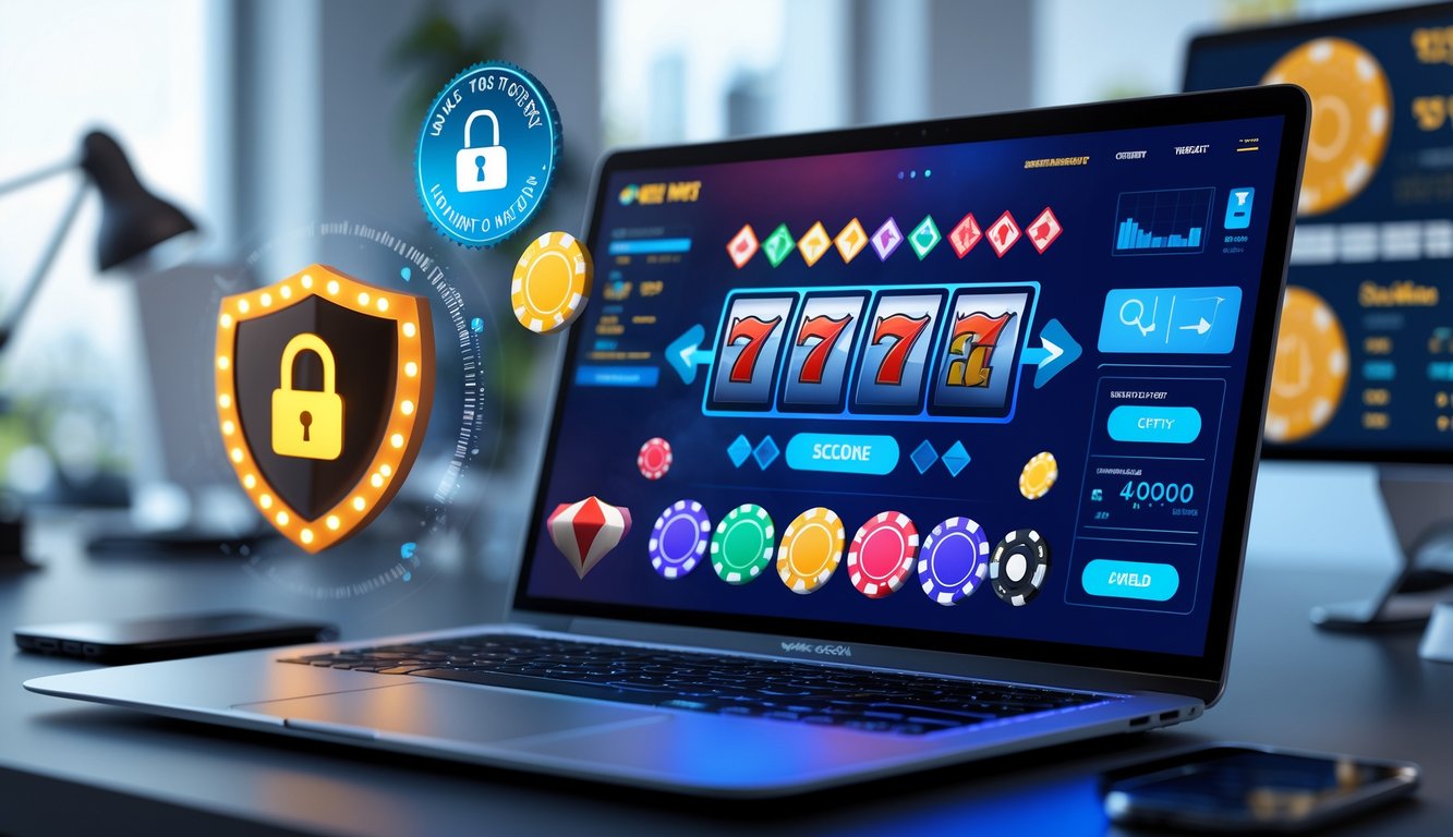 Seorang pengguna menggunakan laptop dengan tampilan permainan kasino online yang berwarna-warni, dikelilingi oleh simbol keamanan seperti kunci dan perisai, di ruang kantor modern.