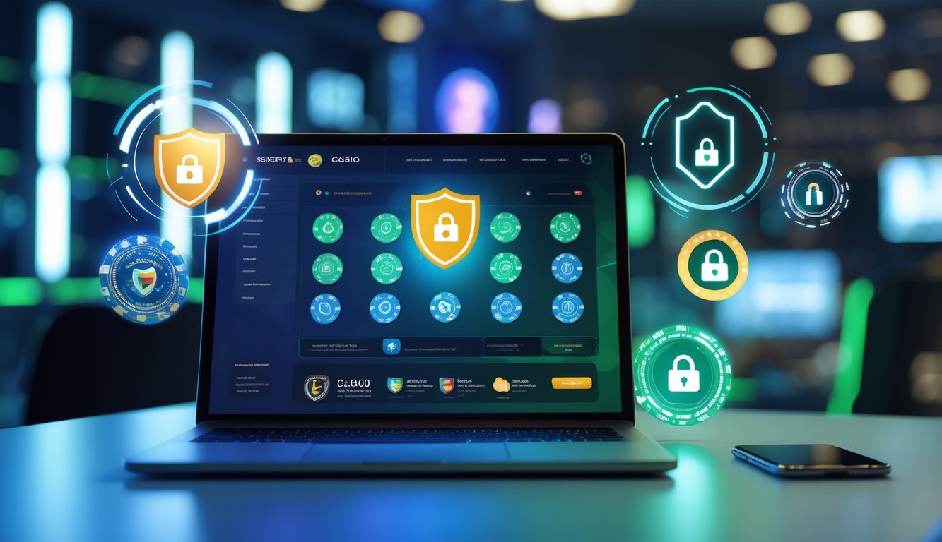 Layar laptop dan ponsel menampilkan antarmuka kasino online dengan simbol keamanan seperti perisai dan gembok di latar belakang.