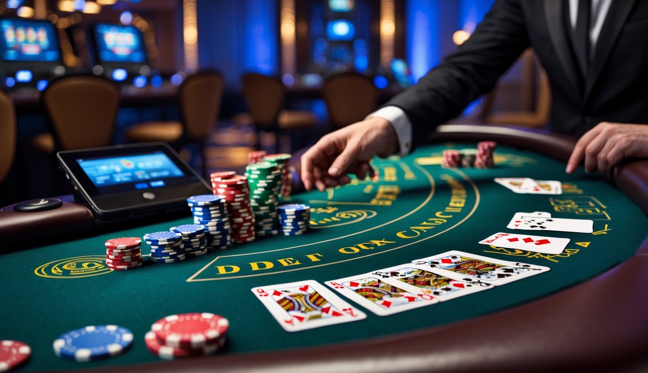 Meja blackjack dengan kartu dan chip di kasino modern yang terpercaya.