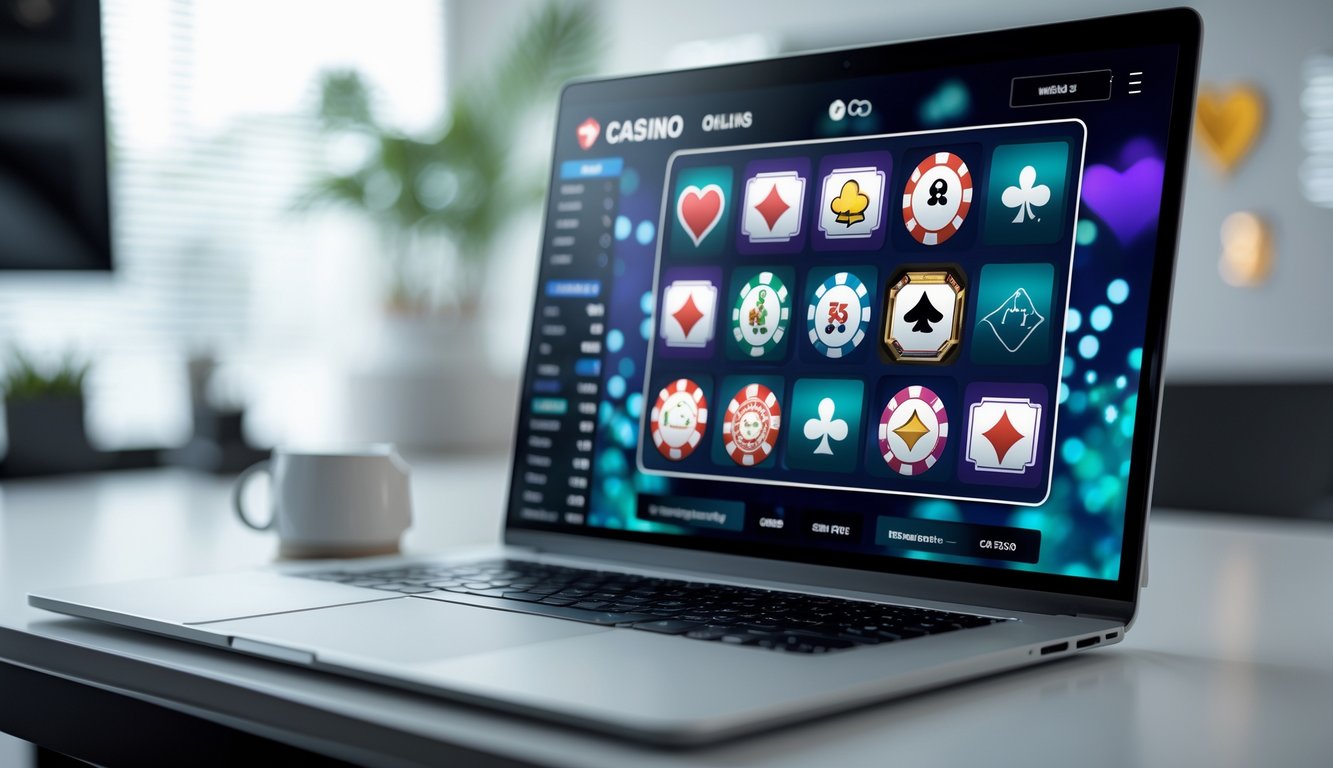 Sebuah laptop menampilkan antarmuka situs kasino online dengan ikon permainan seperti kartu dan chip poker di atas meja kerja yang rapi.