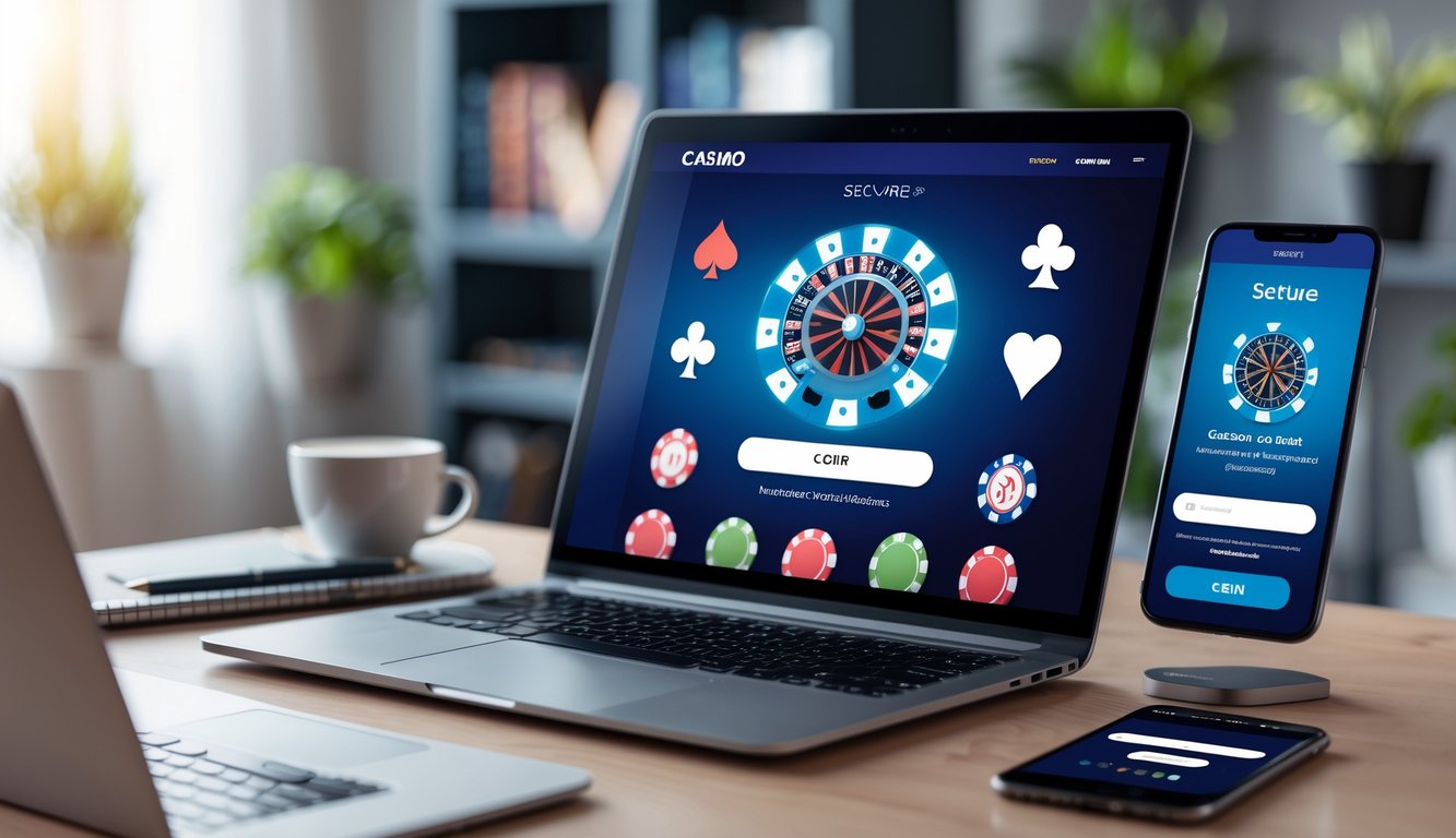 Meja kerja modern dengan laptop yang menampilkan situs kasino online, smartphone, buku catatan, dan secangkir kopi.