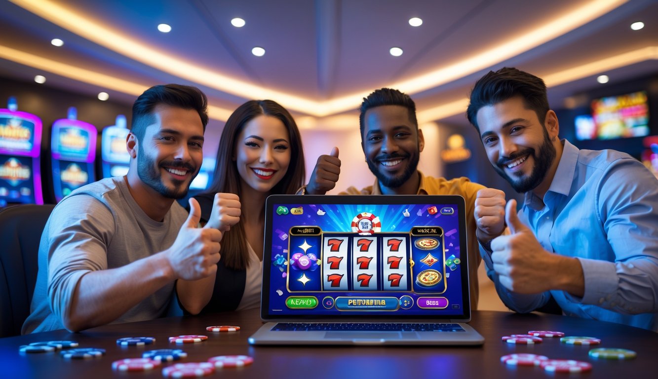 Sekelompok orang tersenyum dan merayakan kemenangan di depan laptop dengan permainan kasino online.