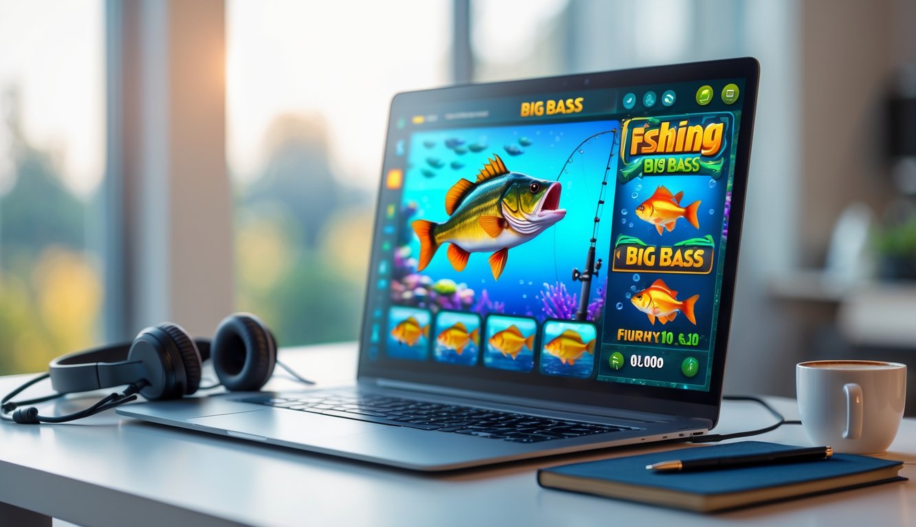 Seorang pemain sedang menggunakan komputer dengan permainan slot bertema memancing dan ikan bass besar di layar.