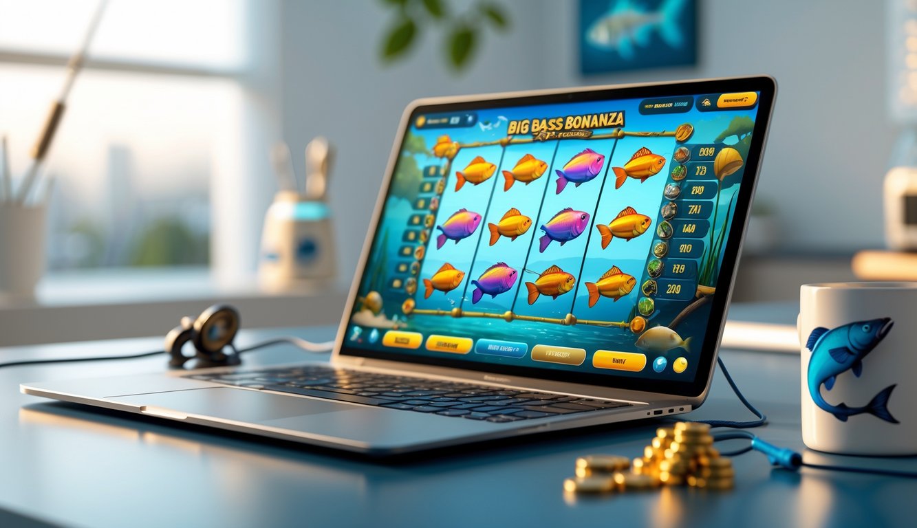 Perangkat digital menampilkan permainan slot bertema memancing dengan simbol ikan dan alat pancing di layar, di atas meja kerja yang rapi.