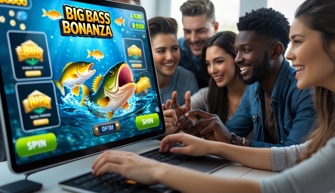 Beberapa orang muda sedang bermain permainan slot online Big Bass Bonanza di komputer dengan ekspresi fokus dan antusias di ruangan yang terang dan modern.