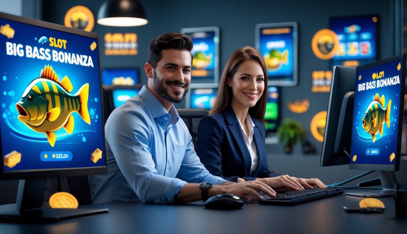 Dua orang profesional duduk di depan komputer dengan layar menampilkan permainan slot, menunjukkan suasana agen judi slot online yang aman dan terpercaya.