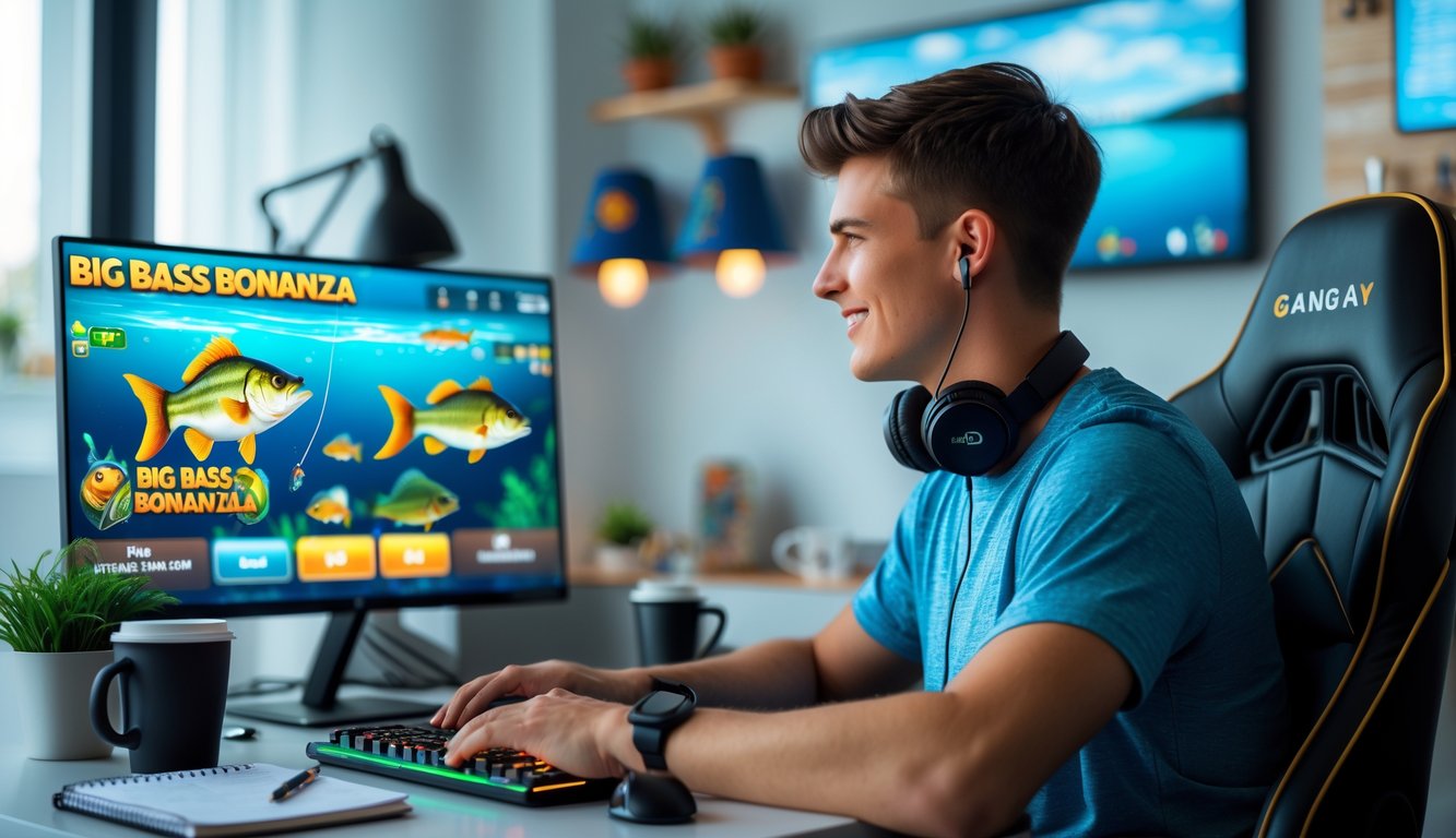 Seorang pria muda duduk di depan komputer dengan layar permainan slot bertema memancing, di meja terdapat catatan dan cangkir kopi.