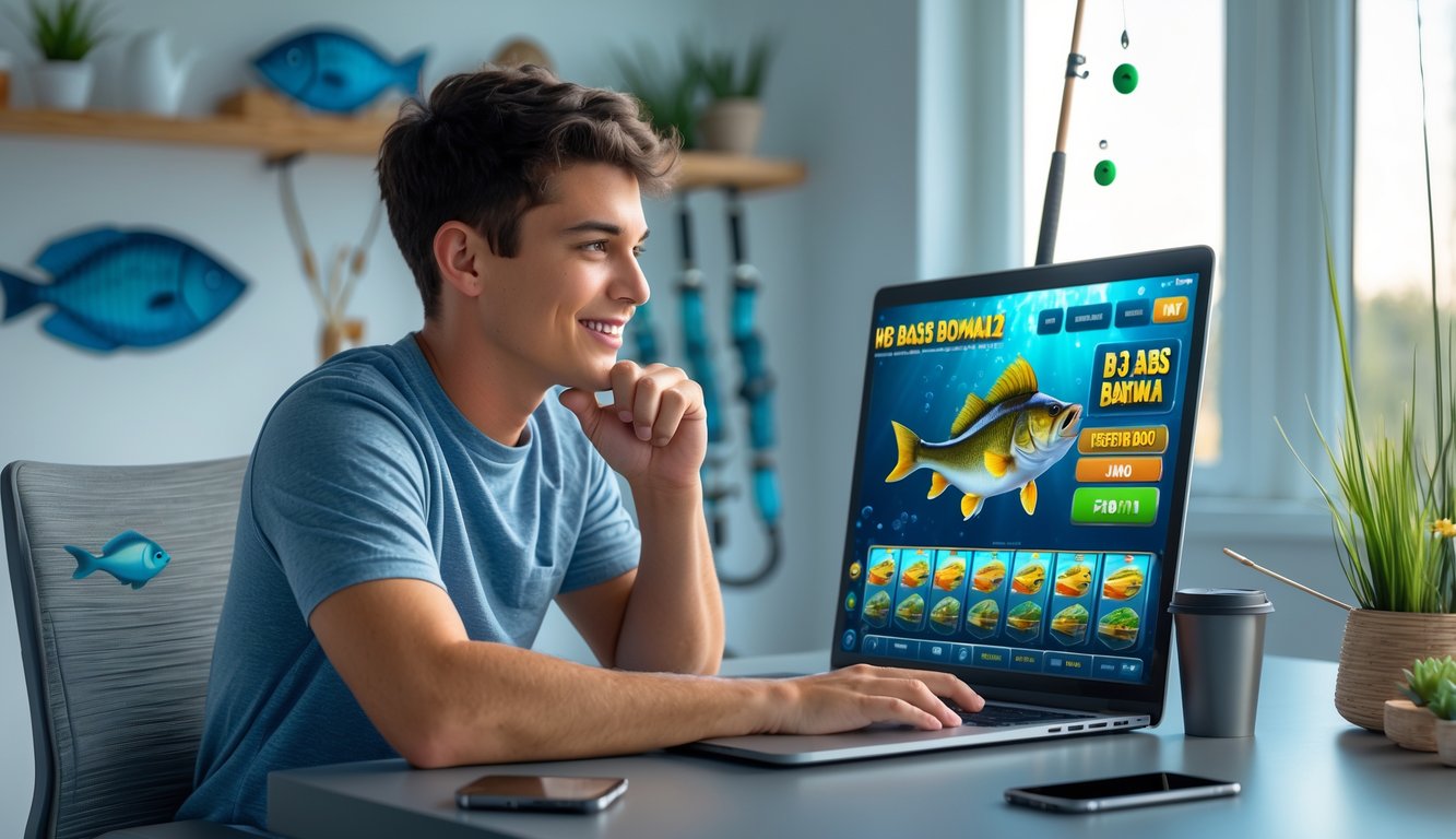 Seorang pemain muda duduk di meja dengan laptop yang menampilkan permainan slot bertema memancing, di ruang kerja yang nyaman dengan dekorasi bertema ikan.