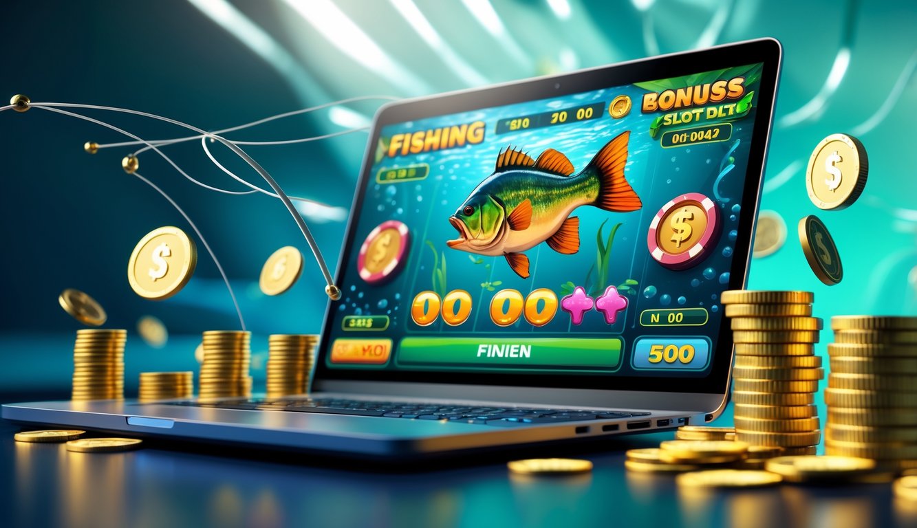 Layar komputer menampilkan permainan slot bertema memancing dengan ikan bass besar dan koin emas di sekitarnya.