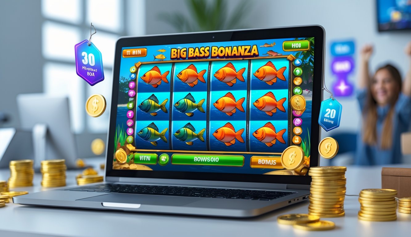 Seorang pemain sedang menggunakan laptop dengan permainan slot bertema memancing di layar, dikelilingi oleh koin emas dan simbol bonus, menunjukkan suasana kemenangan dan kepercayaan dalam permainan slot online.