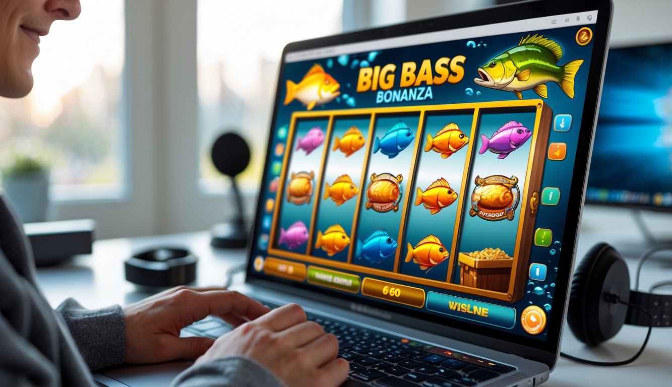 Seseorang sedang menggunakan komputer dengan tampilan permainan slot bertema memancing di layar.