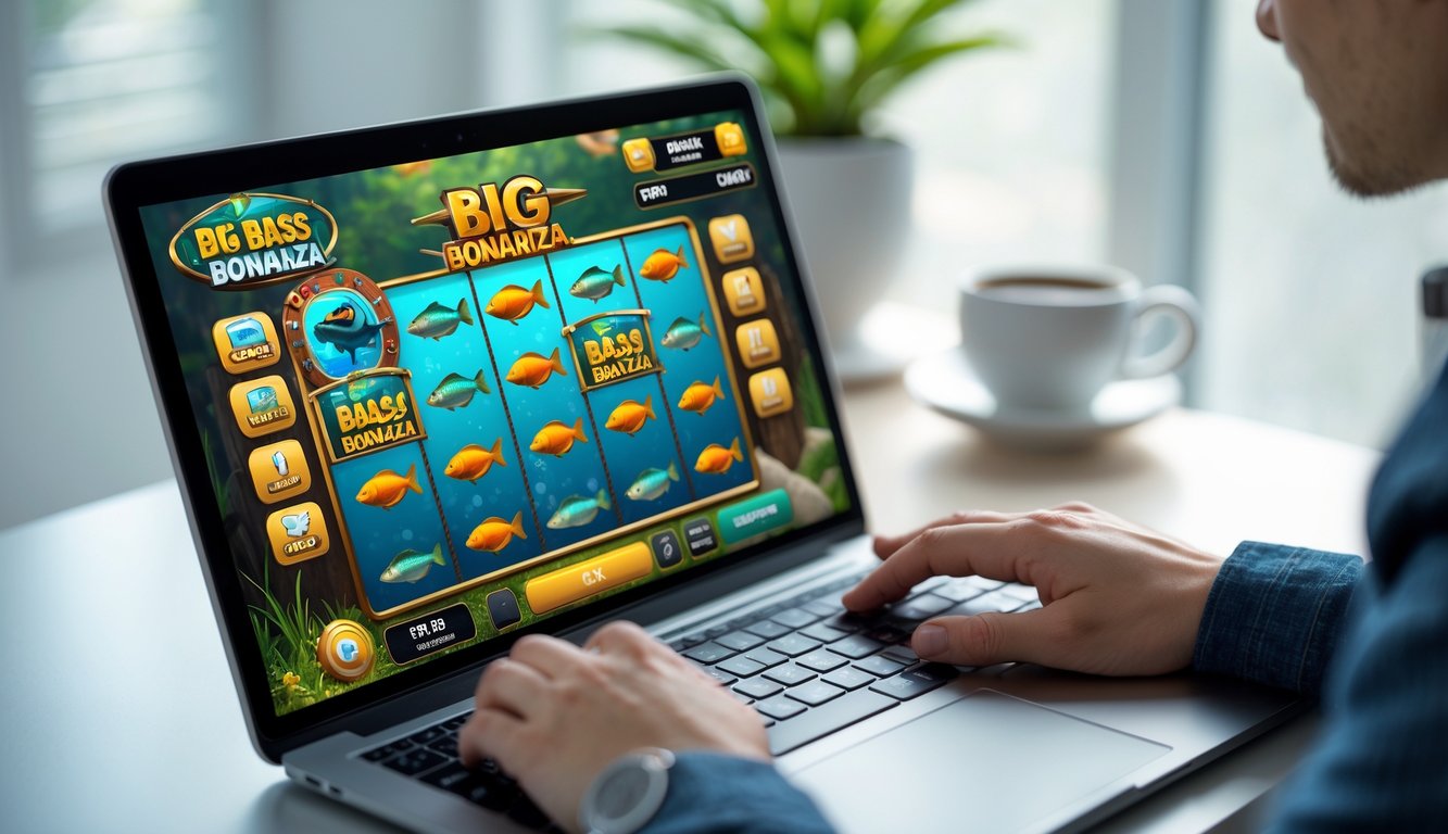 Seseorang menggunakan komputer untuk bermain permainan slot Big Bass Bonanza dengan latar meja kerja yang rapi dan pencahayaan alami.