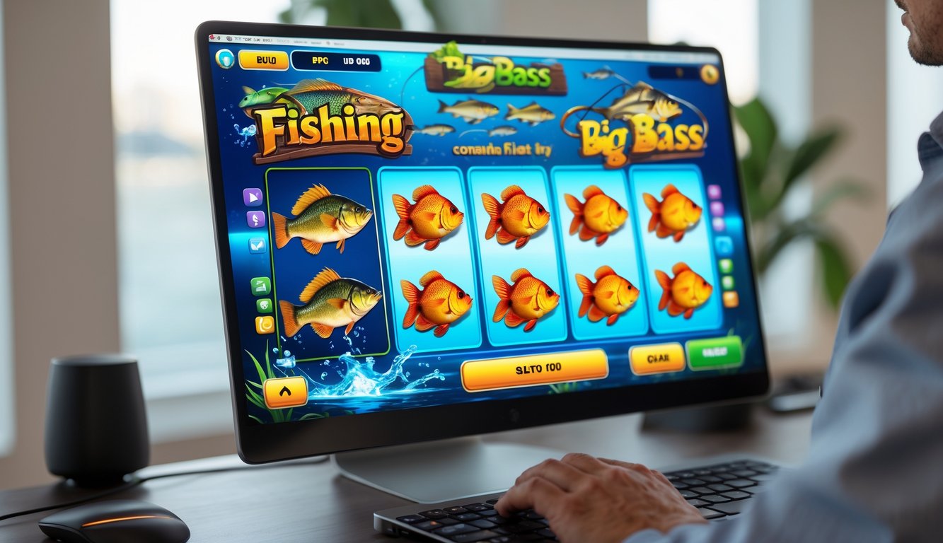 Seseorang menggunakan komputer dengan layar menampilkan permainan slot bertema memancing ikan bass besar.