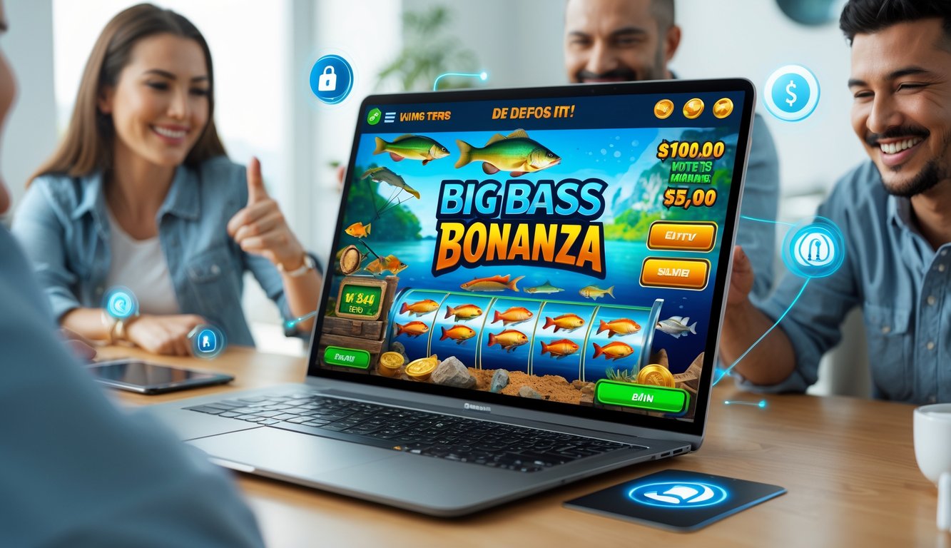 Seseorang menggunakan komputer yang menampilkan permainan slot Big Bass Bonanza dengan simbol ikan dan alat pancing, di lingkungan rumah yang rapi.