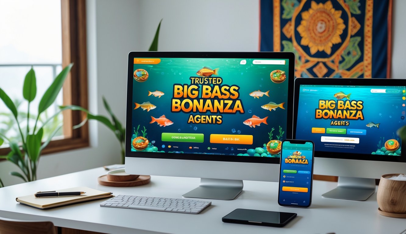 Meja kerja dengan laptop, tablet, dan ponsel yang menampilkan permainan Big Bass Bonanza, dengan elemen dekorasi khas Indonesia di latar belakang.