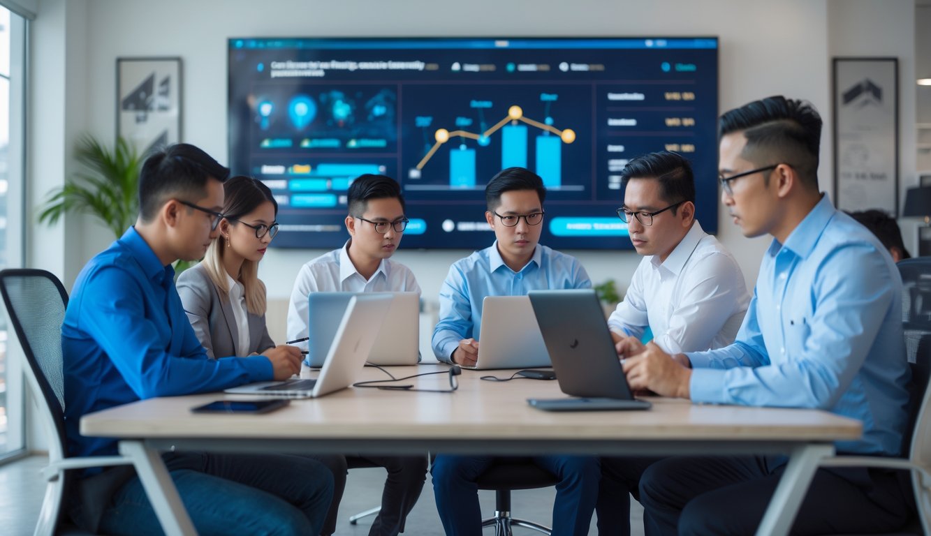 Sekelompok profesional bisnis Indonesia sedang berdiskusi di kantor modern dengan layar digital menampilkan grafik dan data.