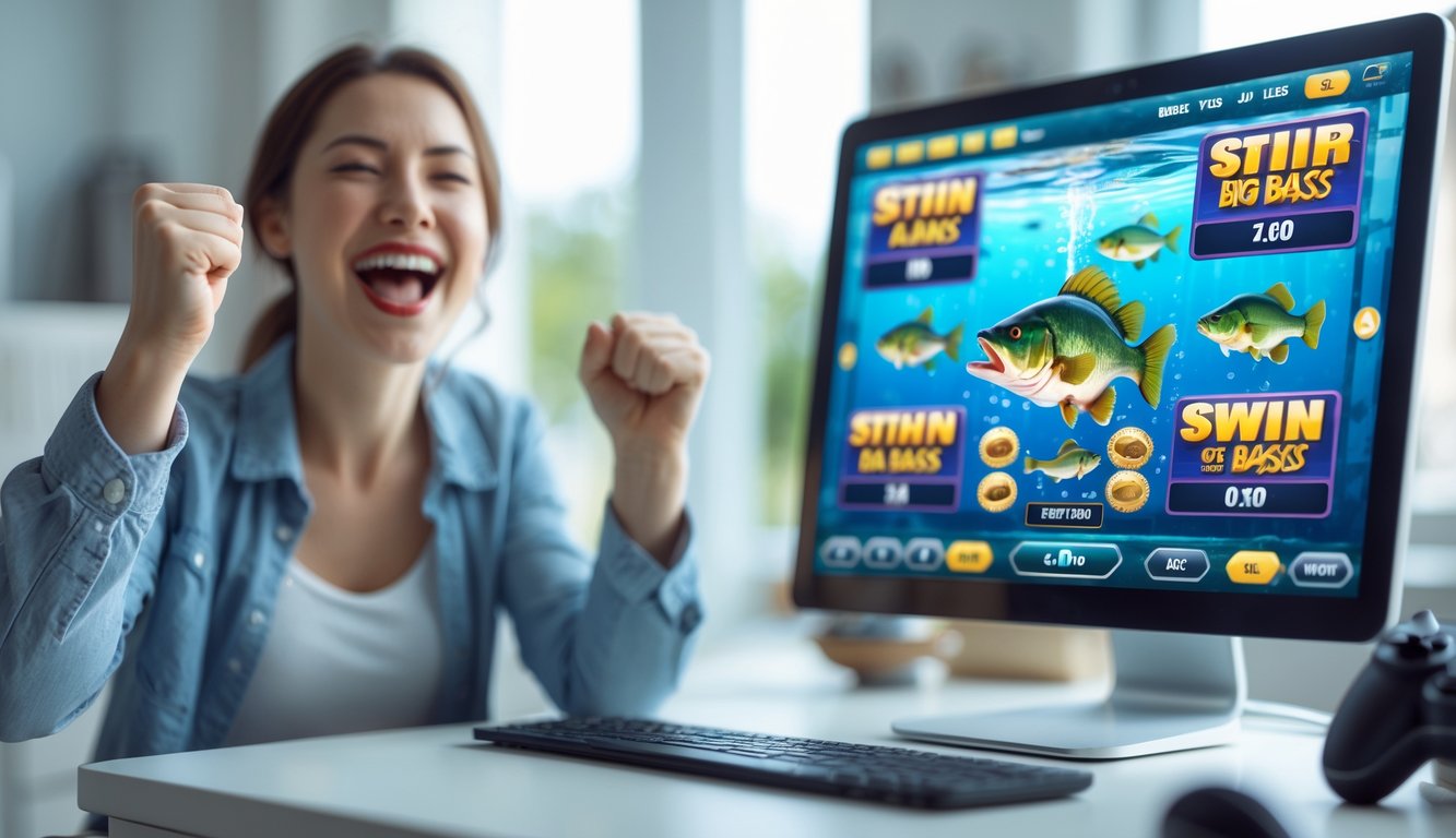 Seseorang sedang merayakan kemenangan besar saat bermain permainan slot online bertema memancing di depan komputer.
