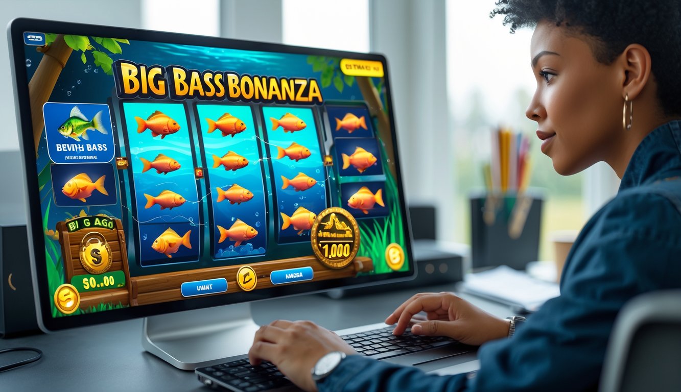 Seseorang sedang bermain permainan slot Big Bass Bonanza di komputer dengan latar ruang kerja yang rapi dan pencahayaan terang.