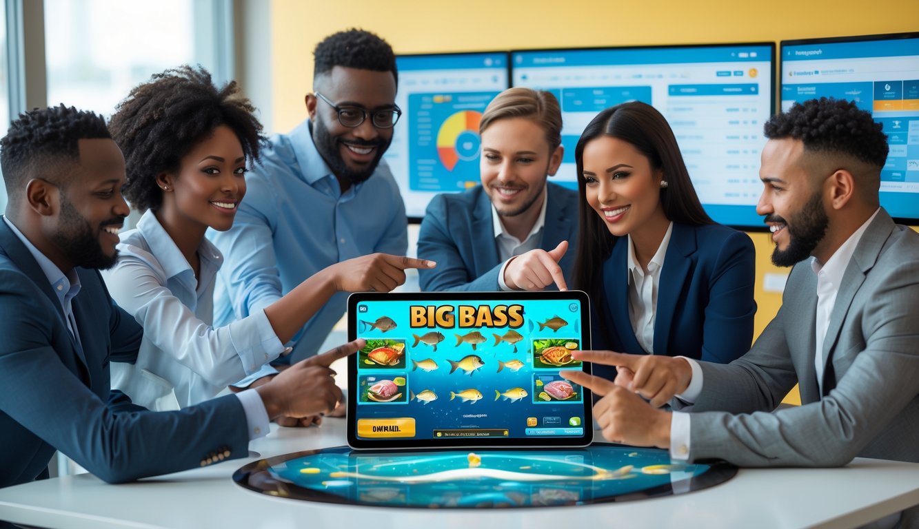 Sekelompok orang sedang berdiskusi di kantor modern sambil melihat layar tablet yang menampilkan permainan slot bertema memancing.