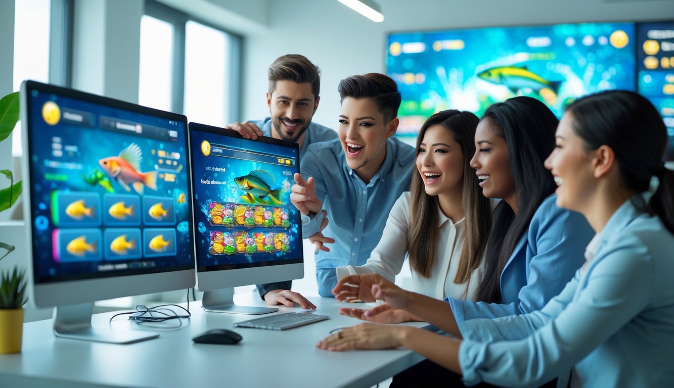 Sekelompok orang sedang berdiskusi di depan komputer dengan grafik permainan slot bertema ikan di layar, di sebuah kantor modern yang terang.