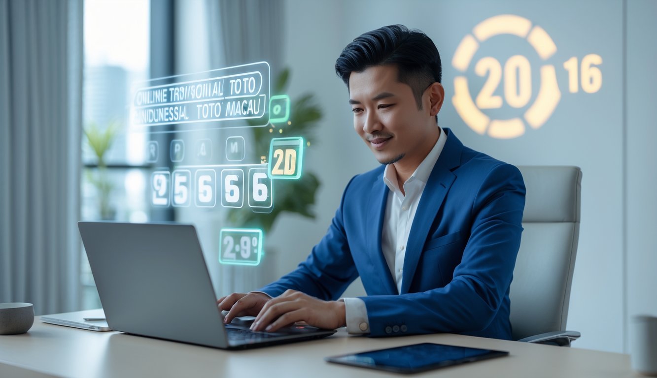Seorang pria Indonesia menggunakan laptop di ruang kerja modern dengan elemen digital yang melambangkan permainan togel online.